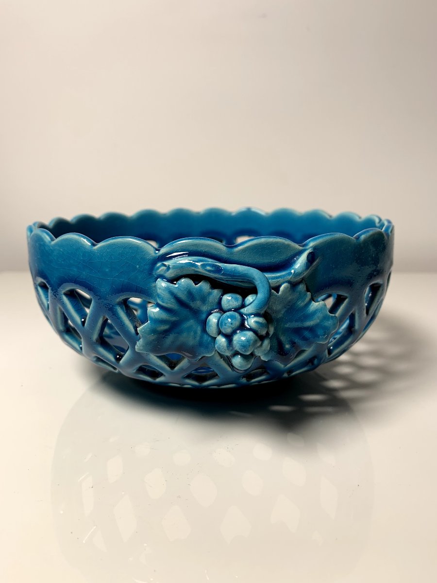 Coupe turquoise tressée Émile Tessier (Malicorne) – corbeille en faïence turquoise, XXᵉ siècle-photo-3