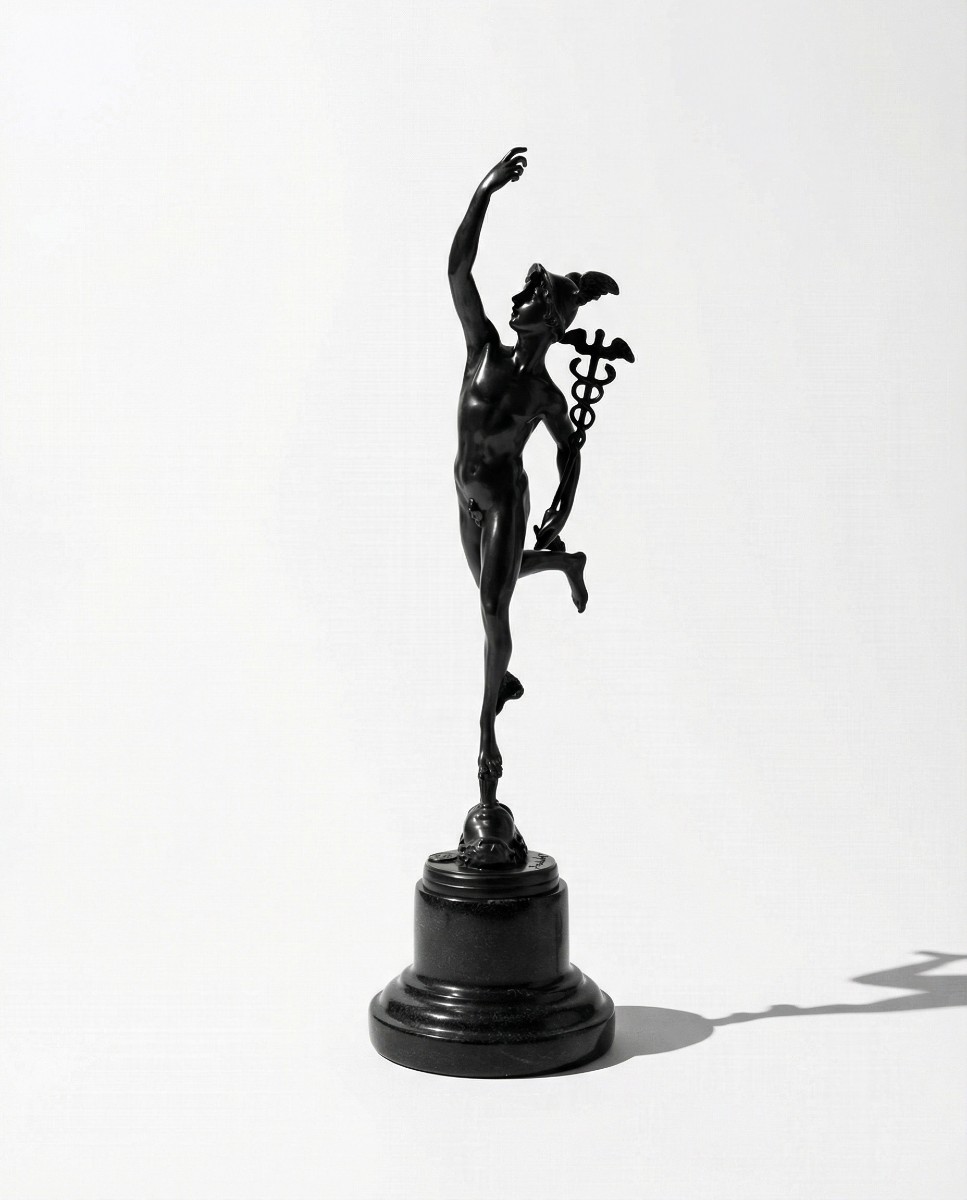 Bronze Sculpture Of Mercury After Giambologna – Marble Base, 19th Century, Signed