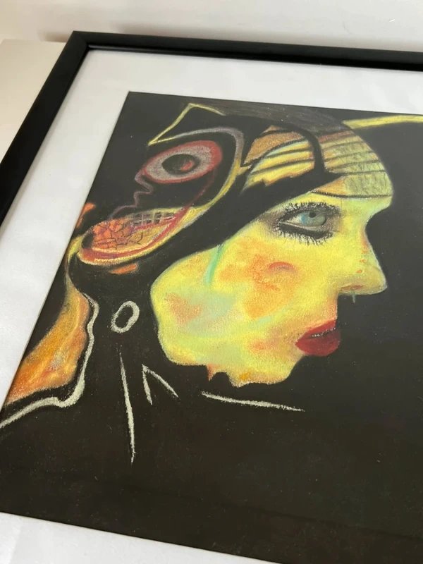 Tableau encadré portrait aux pastels – Art psychédélique contemporain – Œuvre originale -photo-3