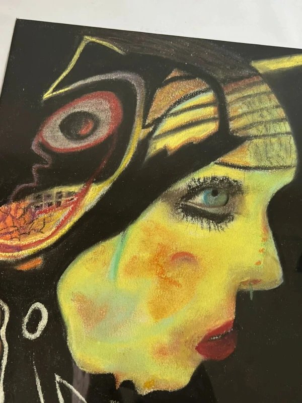 Tableau encadré portrait aux pastels – Art psychédélique contemporain – Œuvre originale -photo-4