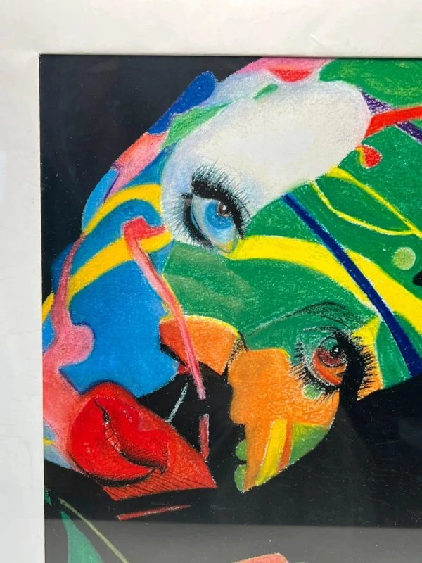 Tableau encadré portrait aux pastels – Art psychédélique contemporain – Œuvre originale datée -photo-3