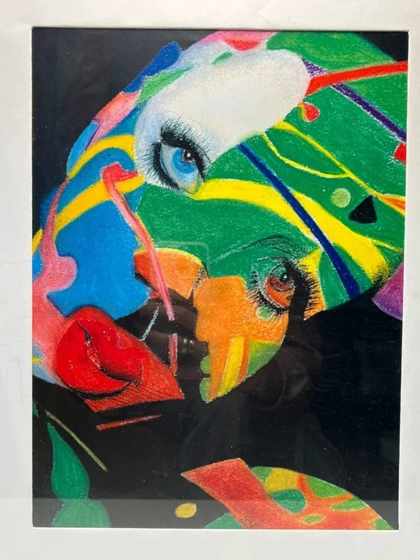 Tableau encadré portrait aux pastels – Art psychédélique contemporain – Œuvre originale datée -photo-4