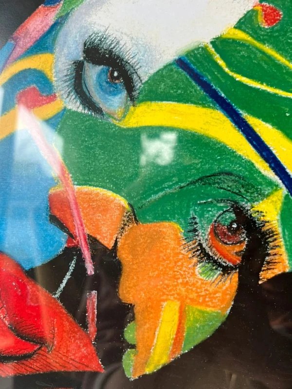 Tableau encadré portrait aux pastels – Art psychédélique contemporain – Œuvre originale datée -photo-2