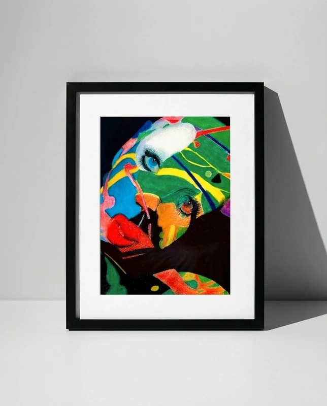 Tableau encadré portrait aux pastels – Art psychédélique contemporain – Œuvre originale datée 
