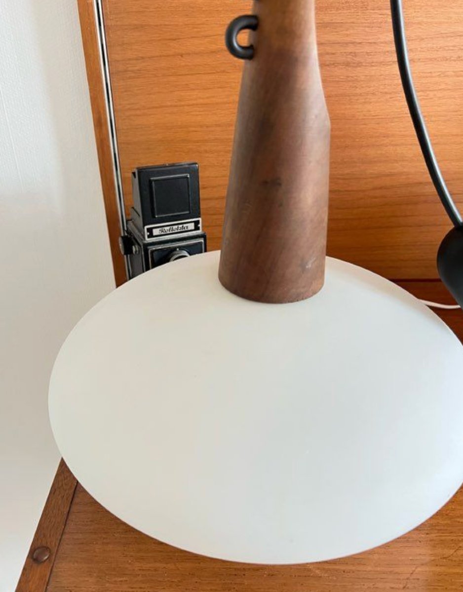 Pendant Lamp In Teak And Opaline Glass By Uno And östen Kristiansson For Luxus – Sweden, 1950-photo-3