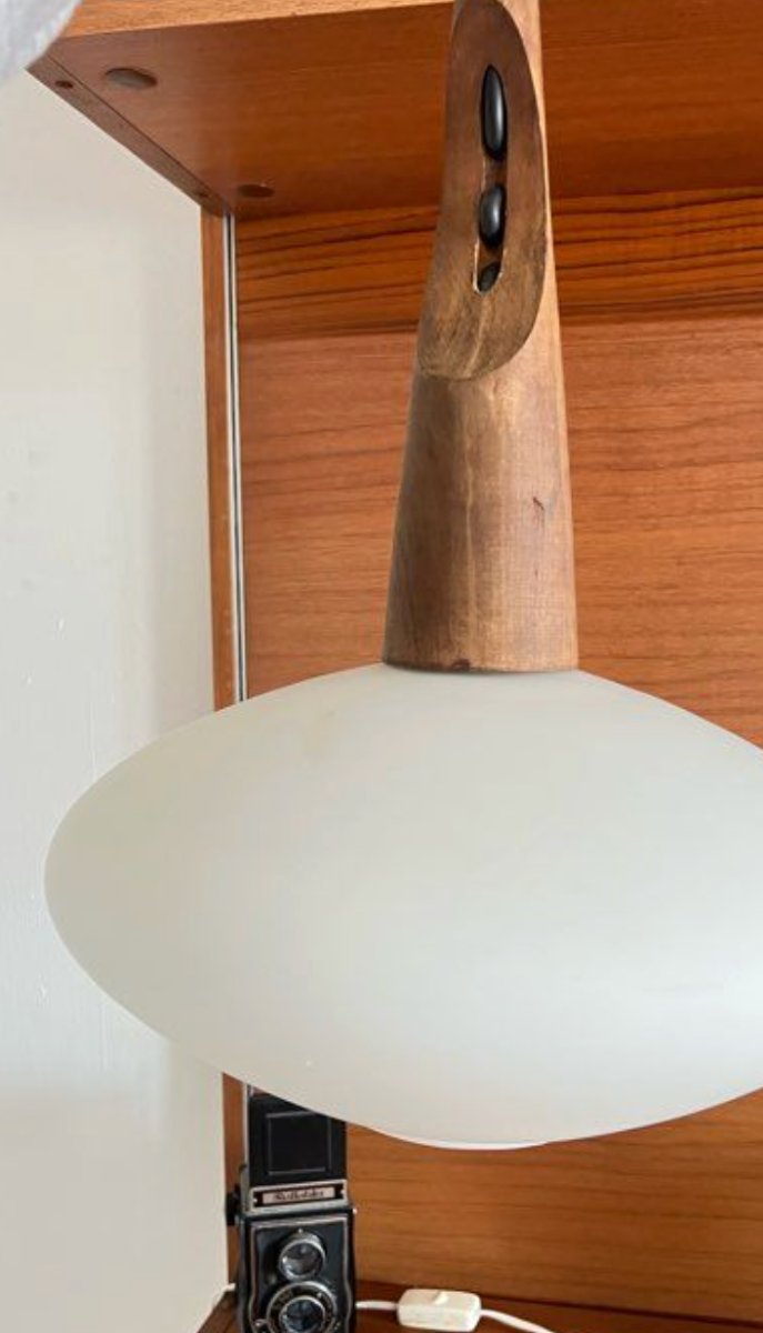 Pendant Lamp In Teak And Opaline Glass By Uno And östen Kristiansson For Luxus – Sweden, 1950-photo-4