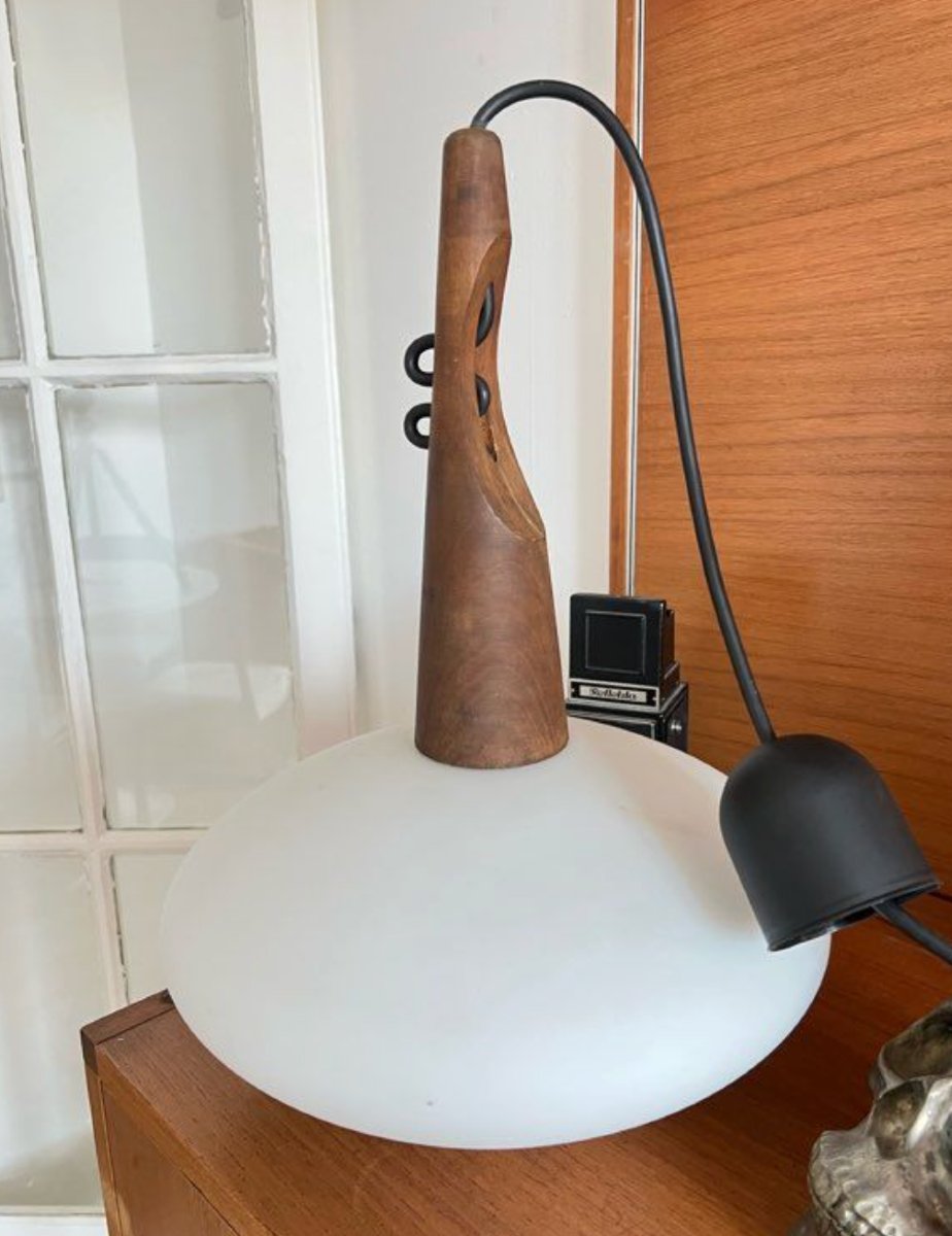 Pendant Lamp In Teak And Opaline Glass By Uno And östen Kristiansson For Luxus – Sweden, 1950-photo-6