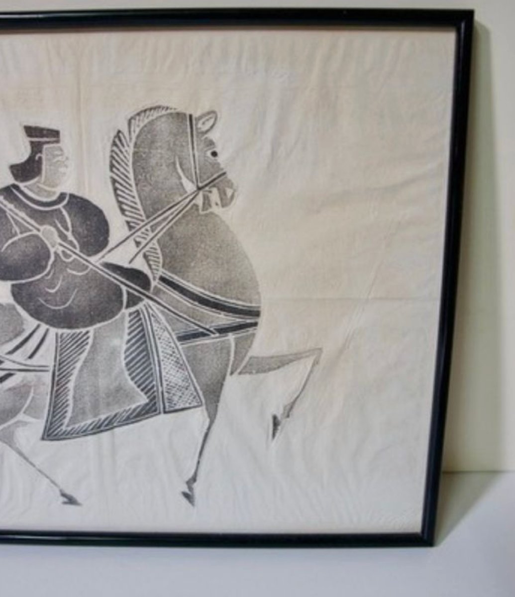 Estampe chinoise cavalier chinois de l'époque Han sur papier de riz - Début XXè siècle-photo-1