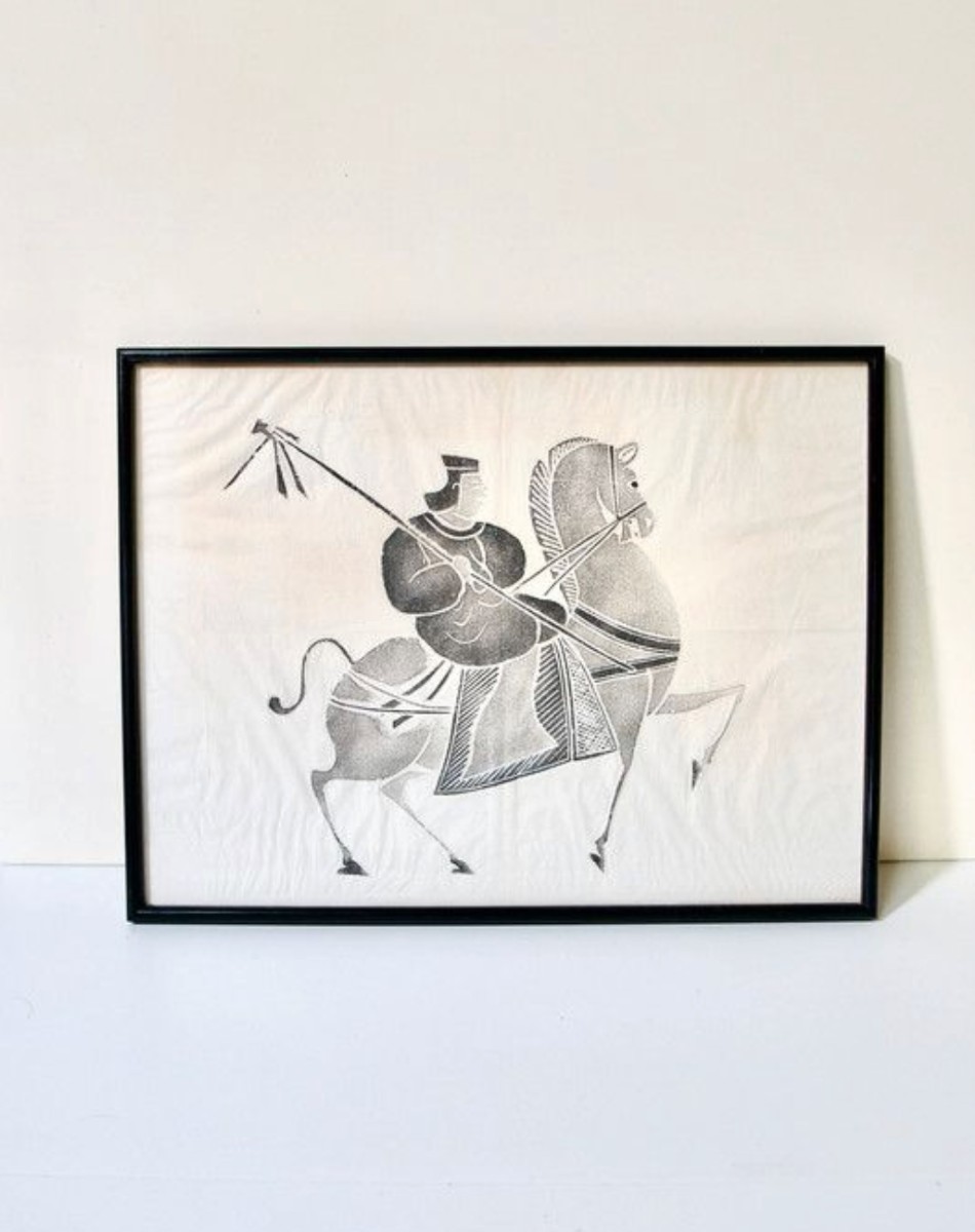 Estampe chinoise cavalier chinois de l'époque Han sur papier de riz - Début XXè siècle