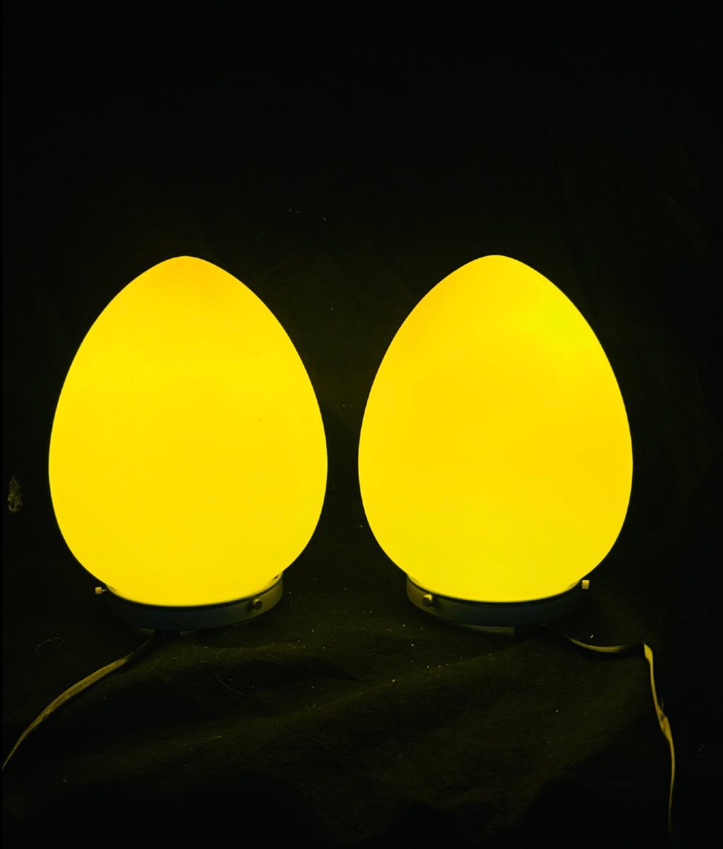 Pair Of 'egg' Lamps In Amber Yellow Glass – Italian Design From The 1970s-photo-2