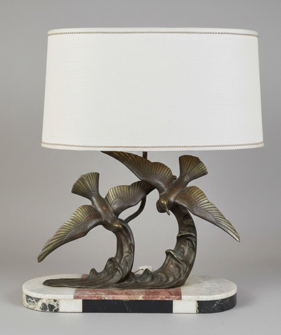 H. Molins &ndash; Lampe de table Art D&eacute;co en bronze aux oiseaux, base en marbre, 1920-photo-2