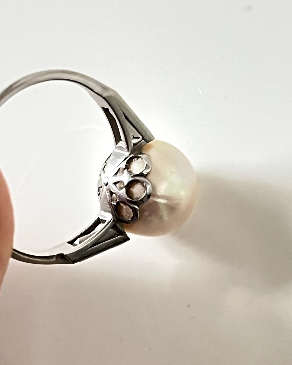 Bague ancienne en platine, perle naturelle et double diamants baguette – Début XXe siècle-photo-2