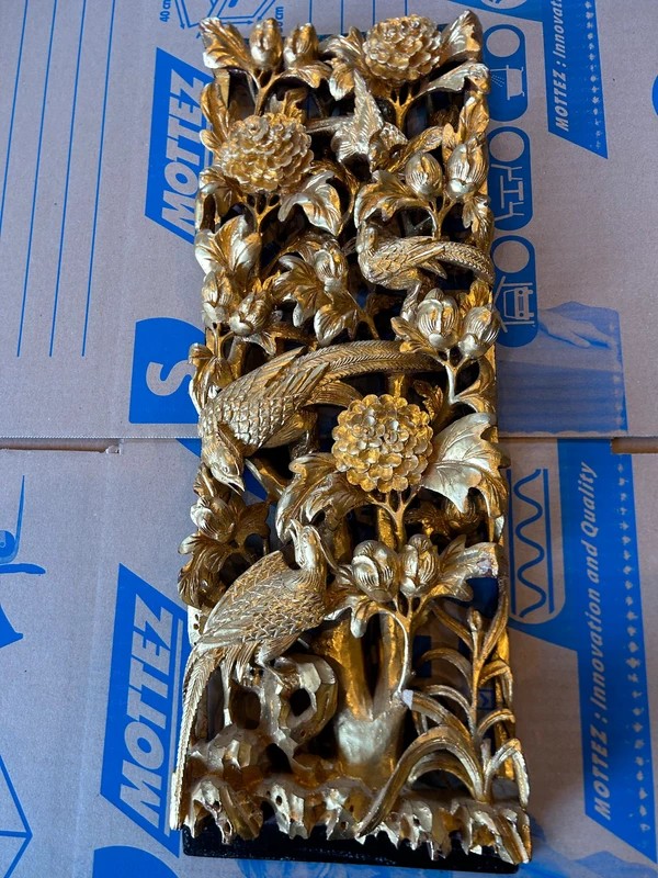 Chinese High Relief In Carved And Gilded Wood – Decorated With Birds And Flowers – 20th Century Asian Art -photo-2