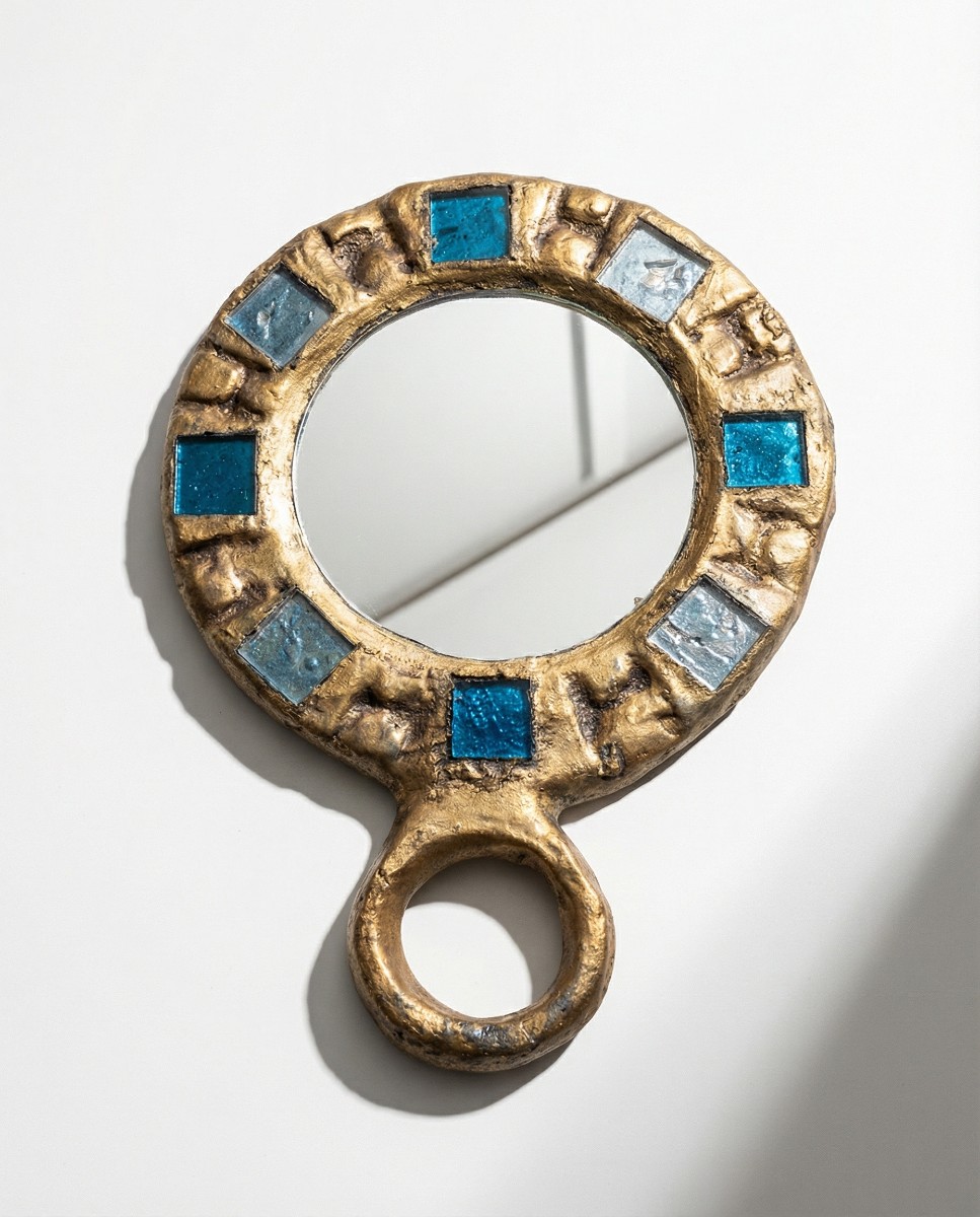 Lead Hand Mirror By Irena Jaworska, Student Of Line Vautrin, Vintage 20th-century Sculptural Mirror