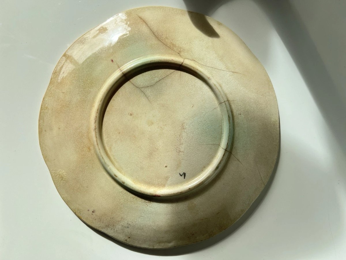 Assiette en barbotine Art Déco années 1930 – décor floral rose zinnia dahlia – céramique ancien-photo-7