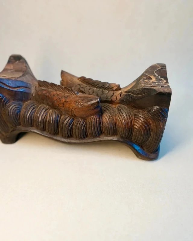 Sculpture en bois massif Carpes travaillées à la main - art asiatique vintage fin XIXème -photo-2