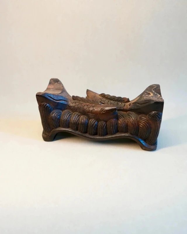 Sculpture en bois massif Carpes travaillées à la main - art asiatique vintage fin XIXème -photo-4