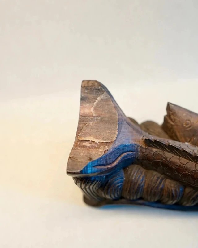 Sculpture en bois massif Carpes travaillées à la main - art asiatique vintage fin XIXème -photo-5