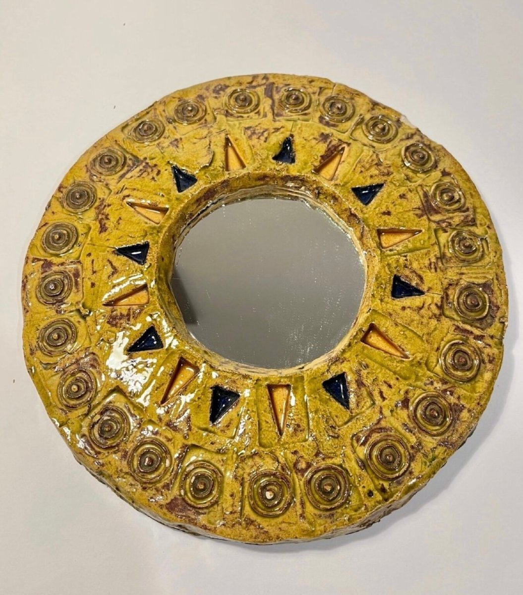 Miroir mural circulaire soleil en céramique émaillée, circa 1960, DLG Mithé Espelt-photo-1