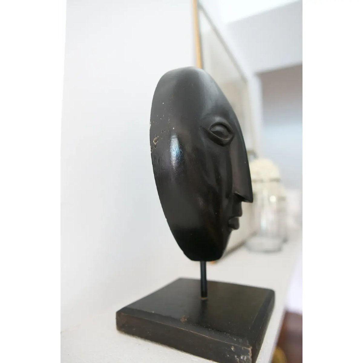 Head/mask Carved On A Base – Wenge-type Wood – 20th Century-photo-4