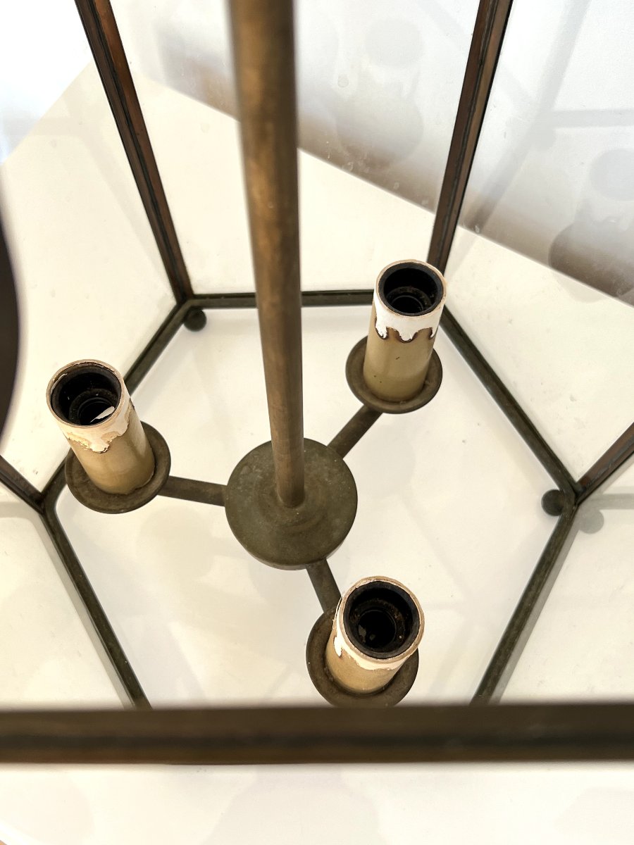 Lanterne / Lustre hexagonale en laiton – 3 Feux – Style Louis XVI – H 80 cm-photo-2