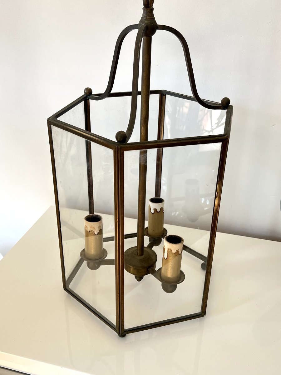 Lanterne / Lustre hexagonale en laiton – 3 Feux – Style Louis XVI – H 80 cm-photo-3