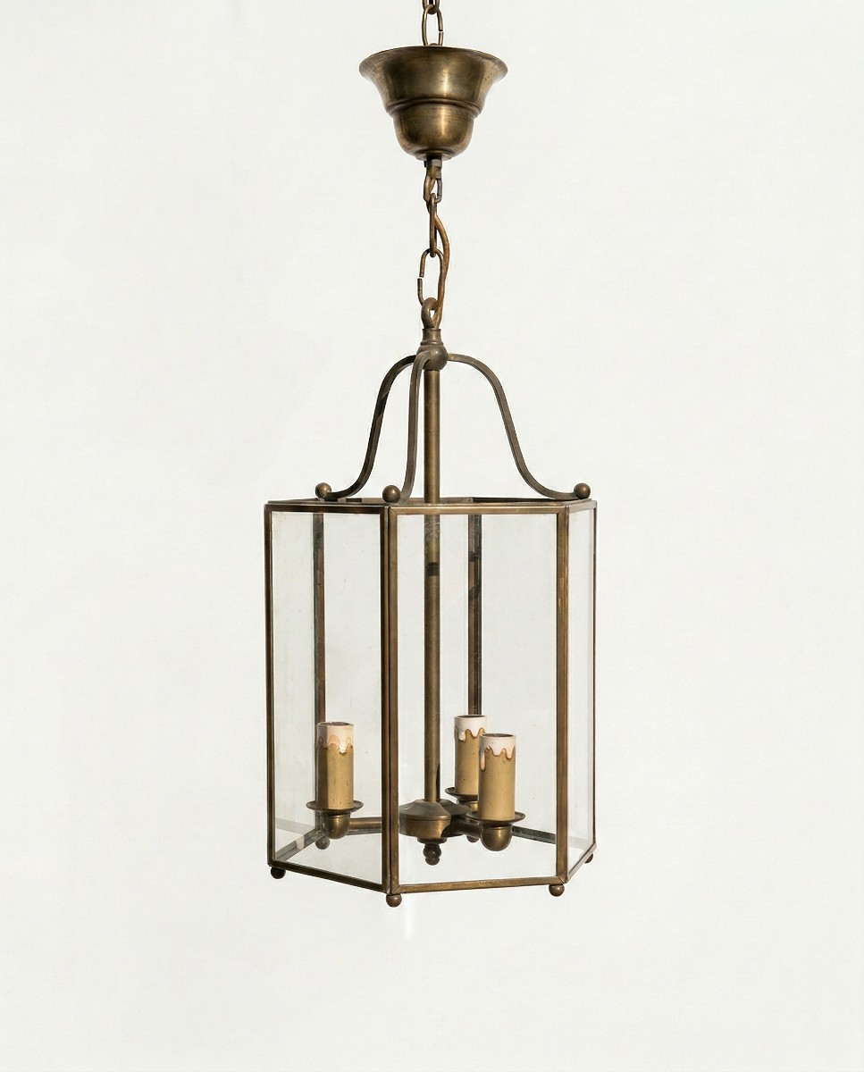 Lanterne / Lustre hexagonale en laiton – 3 Feux – Style Louis XVI – H 80 cm