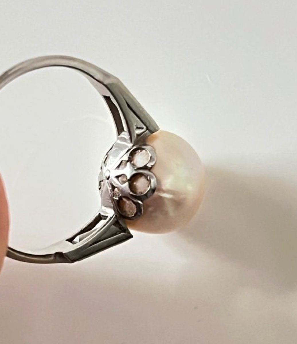 Antique Platinum Ring With A Cultured Pearl (approx. 10 Mm) And Baguette Diamonds – Early 20th Century-photo-2