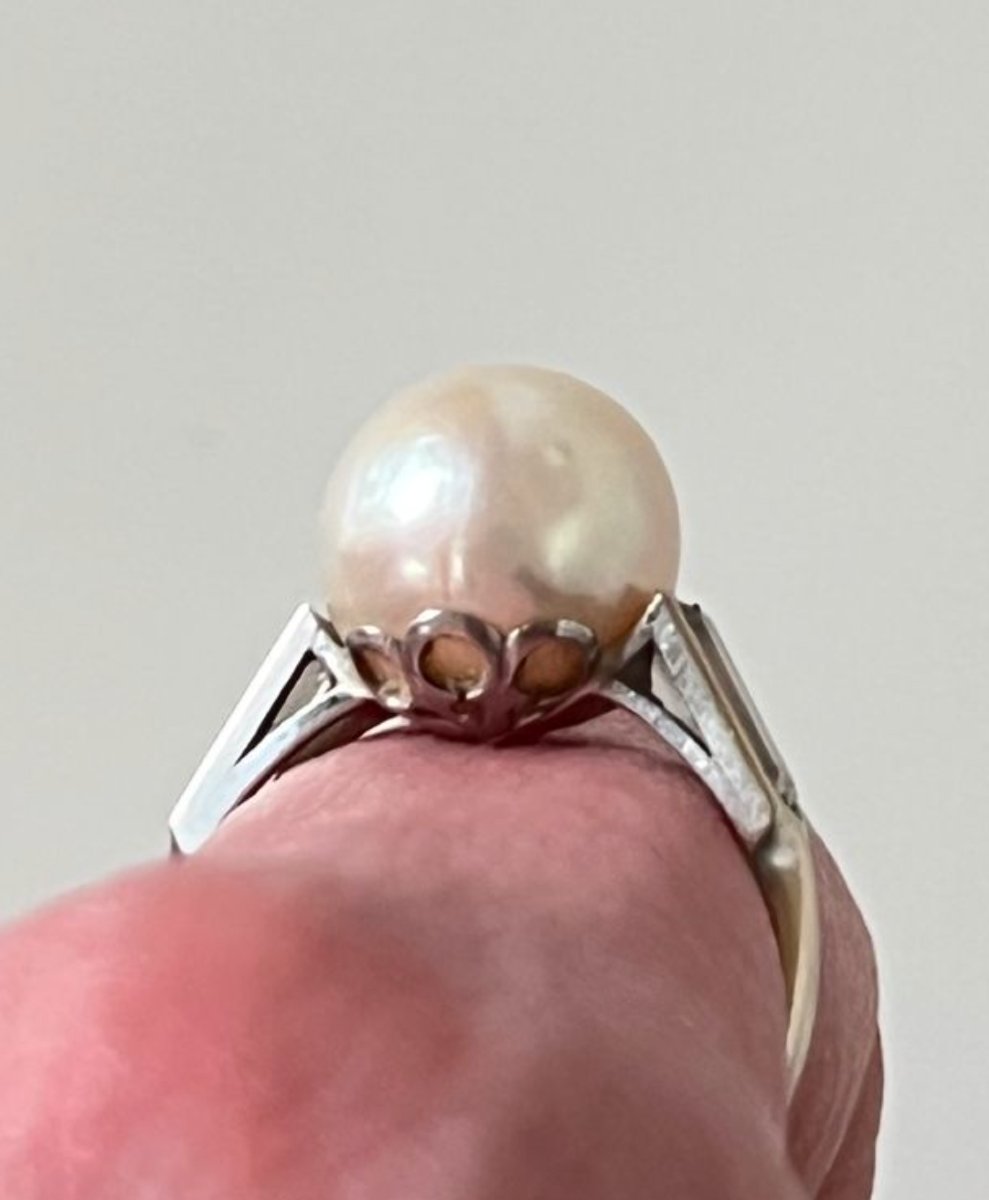 Antique Platinum Ring With A Cultured Pearl (approx. 10 Mm) And Baguette Diamonds – Early 20th Century-photo-3