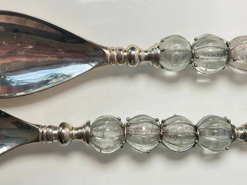 Set Of 2 Salad Serving Utensils - In Silver-plated Metal And Murano-style Glass Beads-photo-2