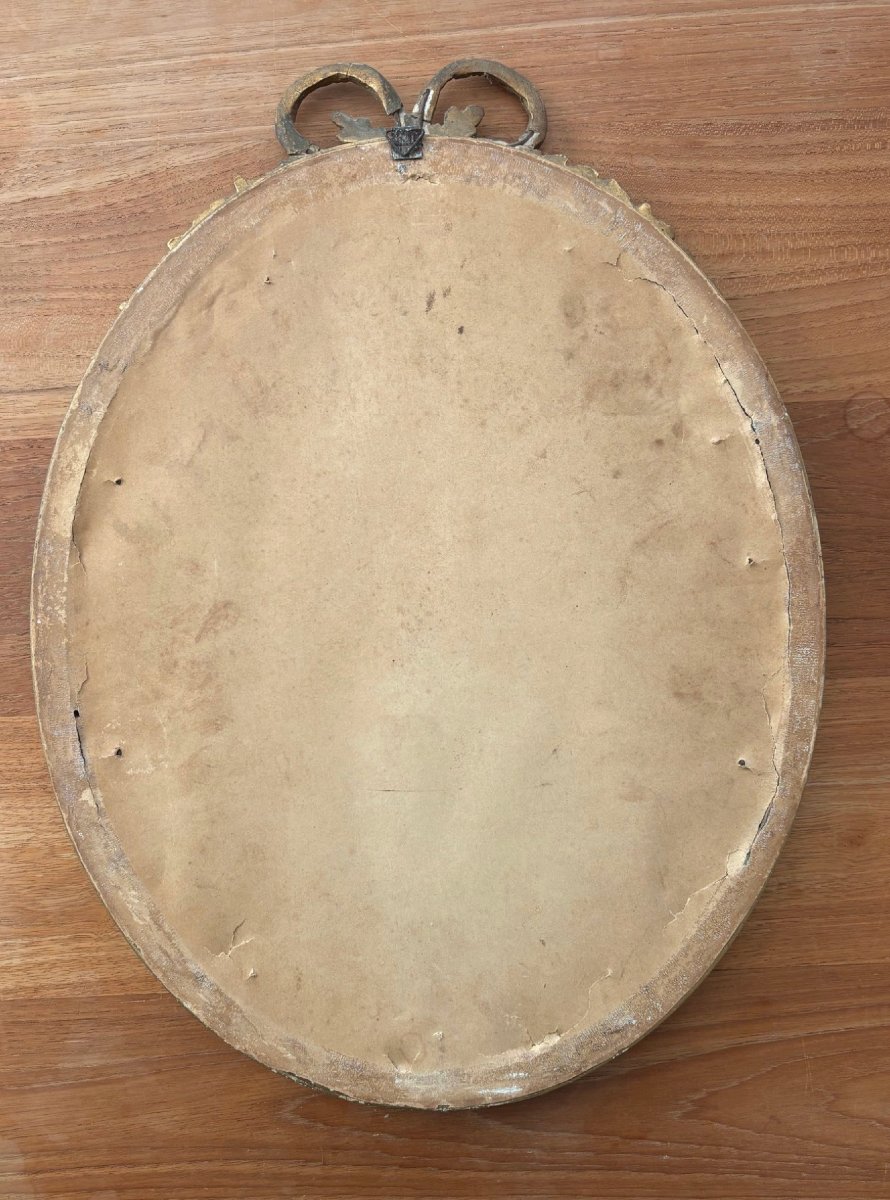 Miroir ovale de style Louis XVI en bois doré – Fronton à nœud – Circa 1900-photo-4