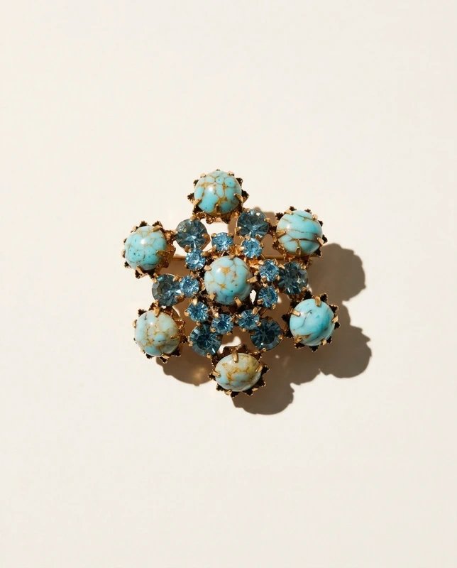 Fancy Turquoise And Rhinestone Brooch - 20th Century-photo-1