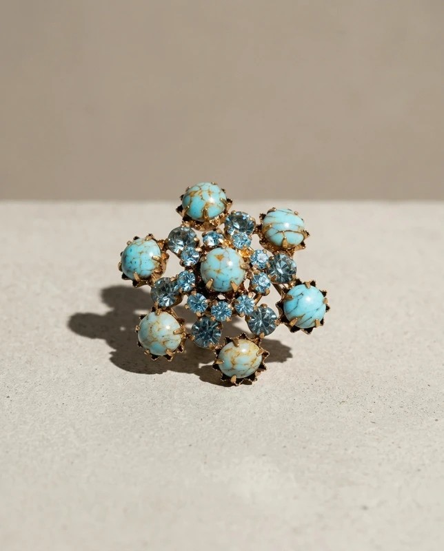 Fancy Turquoise And Rhinestone Brooch - 20th Century