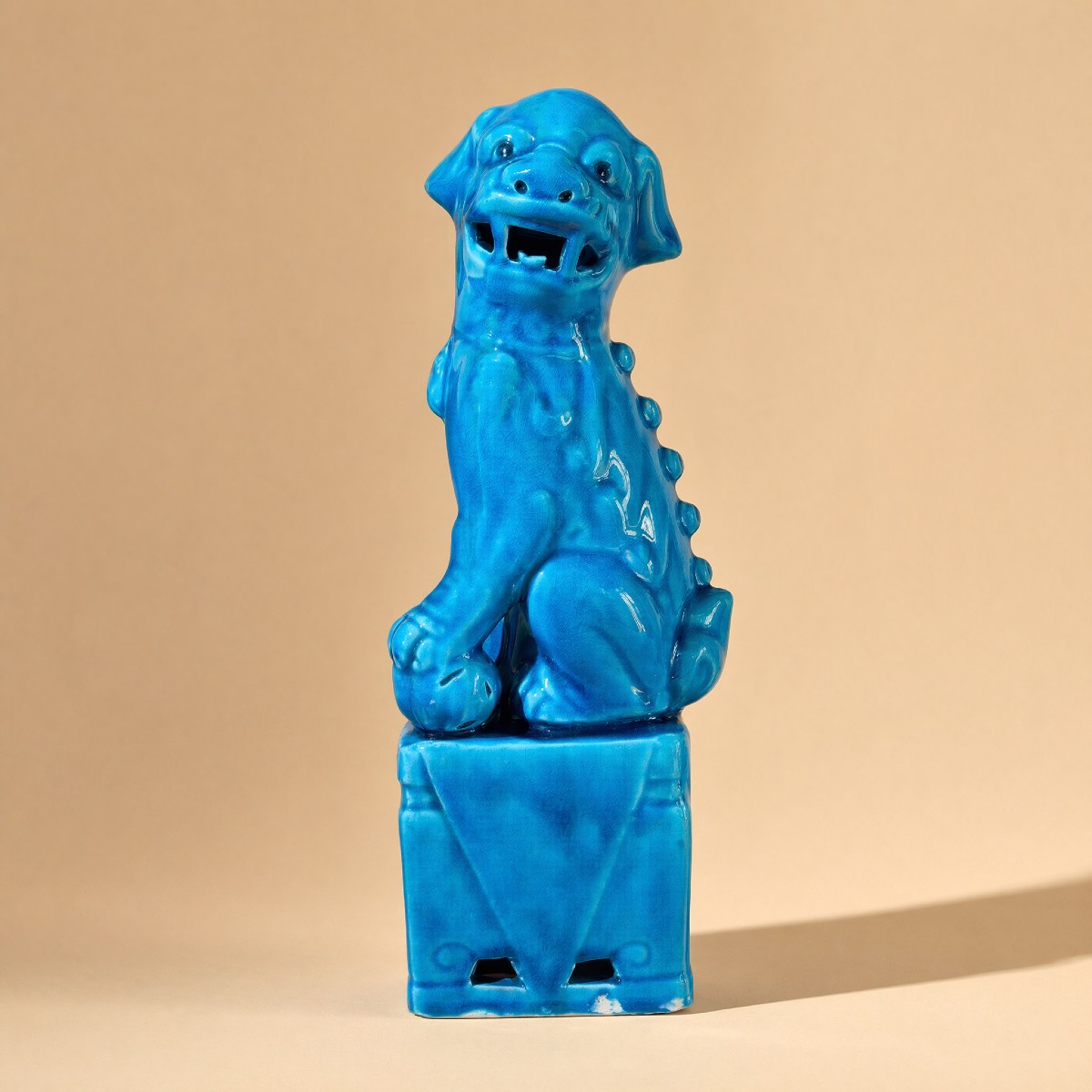 Pair Of Blue Chiens De Fô - Blue Chinese Glazed Ceramic - Mid 20th Century-photo-1