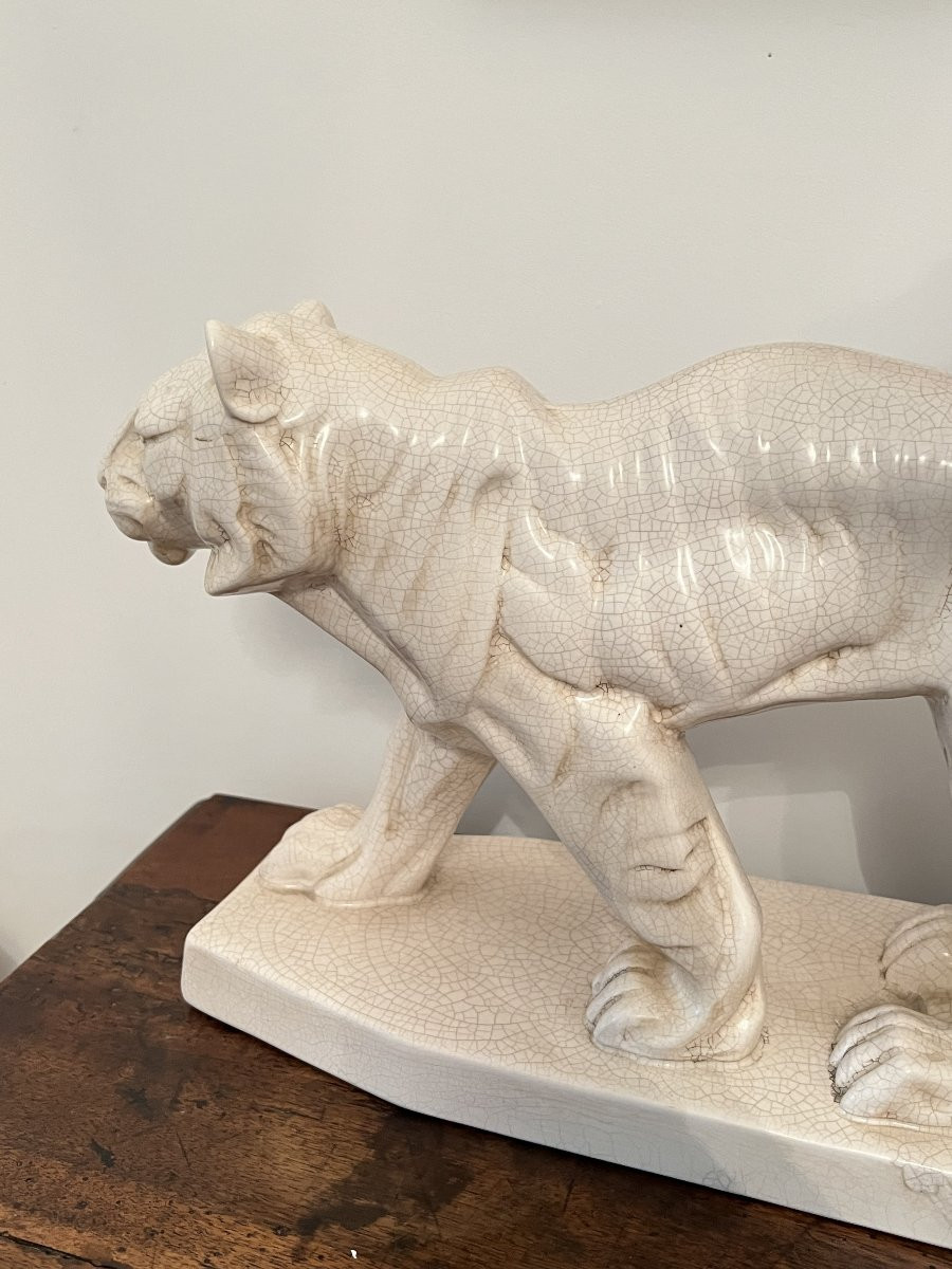 Art Deco Animal Sculpture Of A Walking Tiger - Enamels From La Louvière - Circa 1930-photo-1