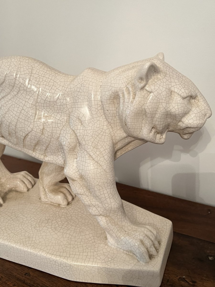 Art Deco Animal Sculpture Of A Walking Tiger - Enamels From La Louvière - Circa 1930-photo-5