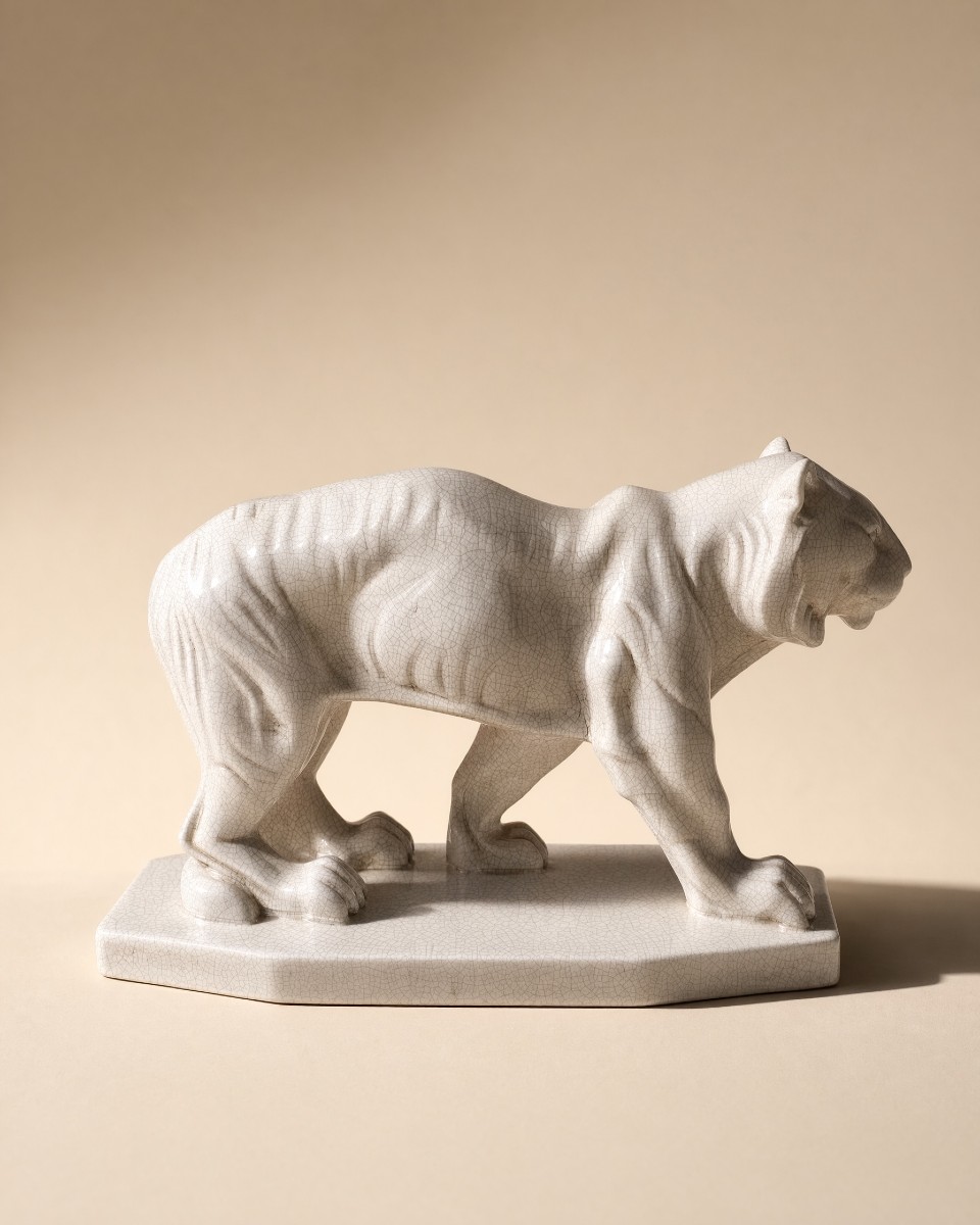 Sculpture Art Déco animalière Tigre marchant - Émaux de La Louvière – vers 1930