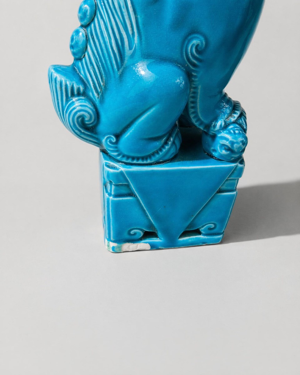 Pair Of Blue Chiens De Fô - Blue Chinese Glazed Ceramic - Mid 20th Century-photo-2