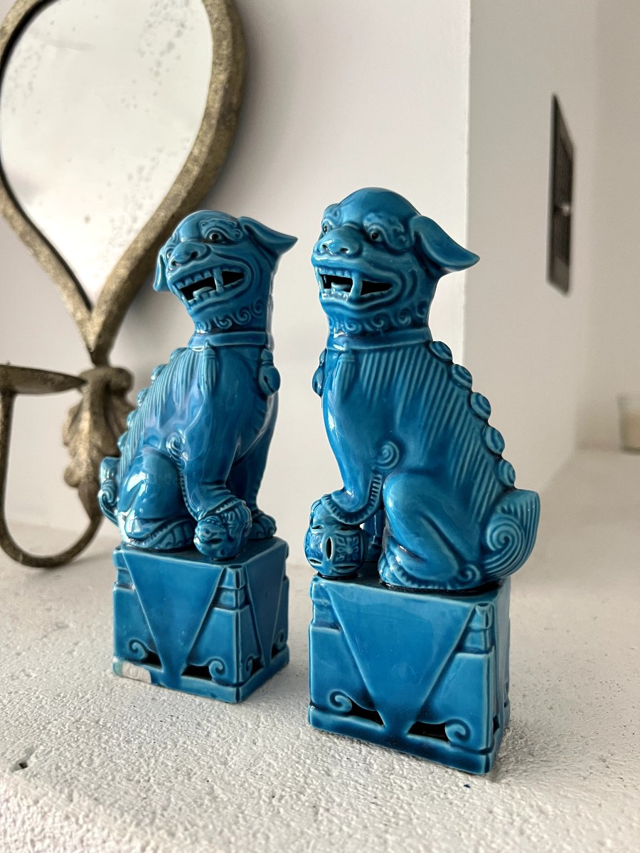 Pair Of Blue Chiens De Fô - Blue Chinese Glazed Ceramic - Mid 20th Century-photo-1