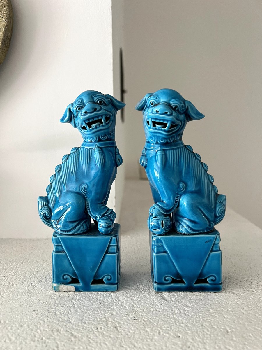 Pair Of Blue Chiens De Fô - Blue Chinese Glazed Ceramic - Mid 20th Century-photo-2