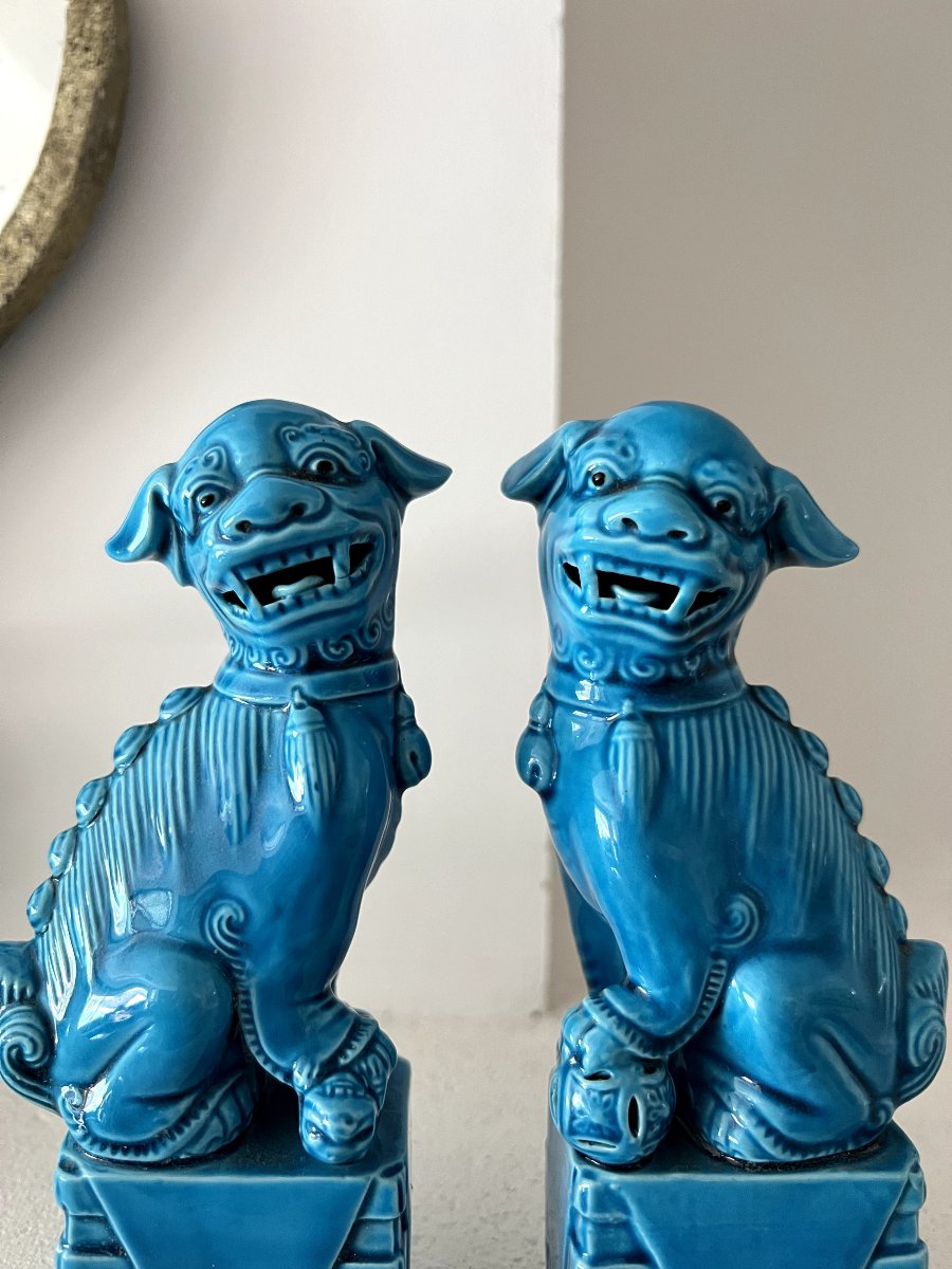 Pair Of Blue Chiens De Fô - Blue Chinese Glazed Ceramic - Mid 20th Century-photo-3