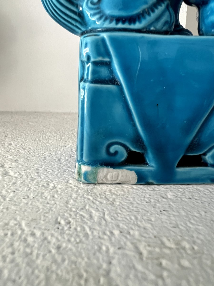 Pair Of Blue Chiens De Fô - Blue Chinese Glazed Ceramic - Mid 20th Century-photo-7