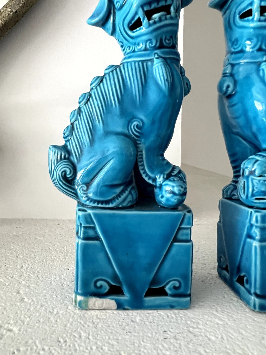 Pair Of Blue Chiens De Fô - Blue Chinese Glazed Ceramic - Mid 20th Century-photo-8