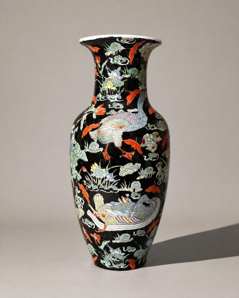 Grand vase chinois en porcelaine à décor d’oies et lotus fond noir - H. 37cm - XXème