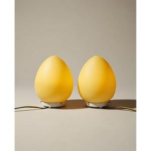 Pair Of 'egg' Lamps In Amber Yellow Glass – Italian Design From The 1970s