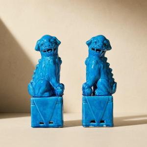 Pair Of Blue Chiens De Fô - Blue Chinese Glazed Ceramic - Mid 20th Century