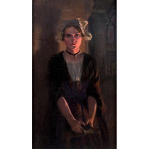 Ferdinand Mifliez, Simbolist Portrait Of A Breton Woman In A Church Interior