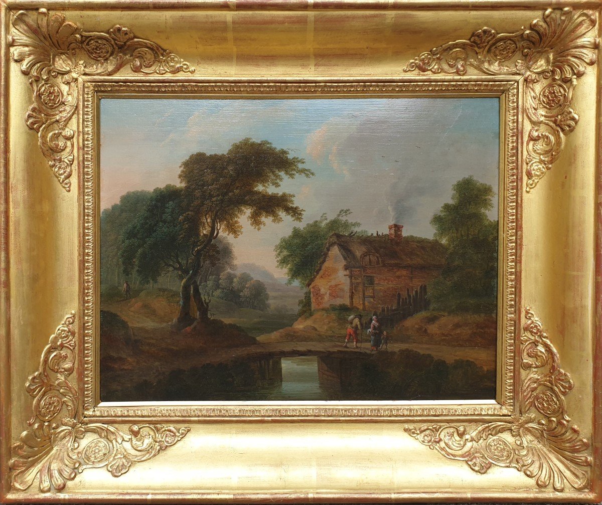 18th Century Flemish School - Animated Landscape With Bridge And Cottage