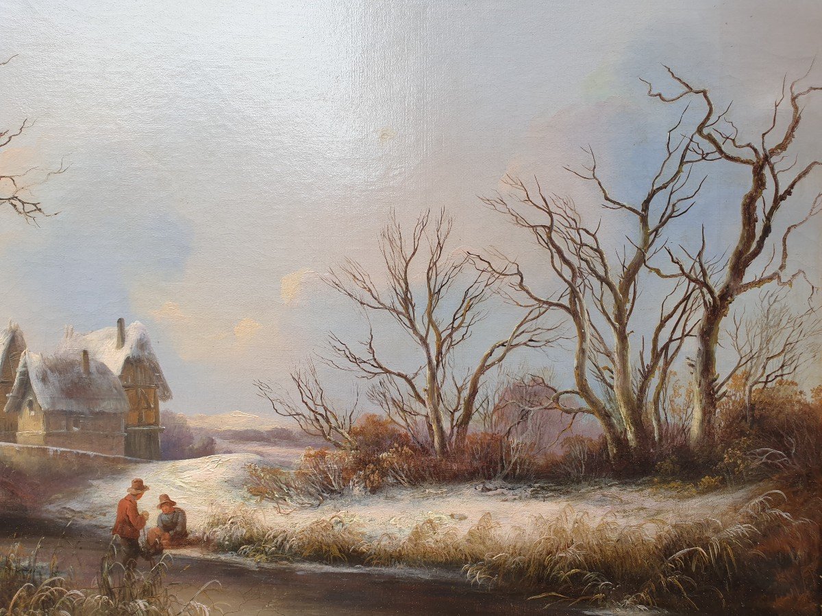 Georg HÖHN - Paysage de neige avec des maisons et des personnages près d'une rivière-photo-2