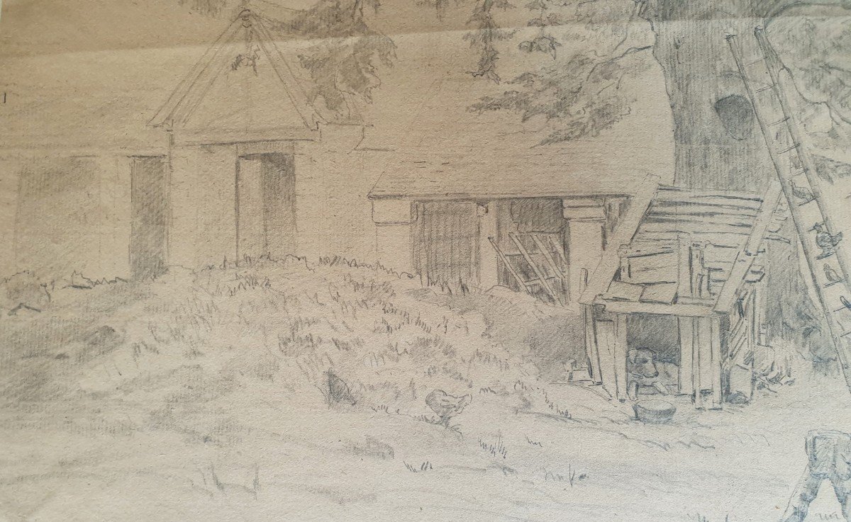 Ecole française du XIXe siècle - Une cour de ferme près de Fontainebleau-photo-3